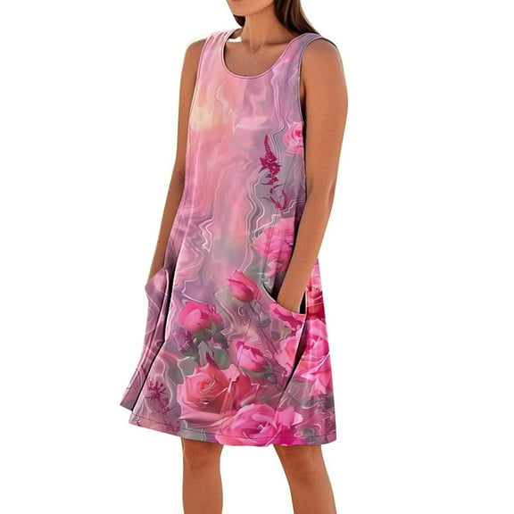 Dazajoo Women's Plus Size Summer Dress 2025 Vacation Beach Cotton Linen Tank Dress Flowy Comfy Sleeveless Mini Sundress with Pockets,Multicolor,S