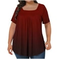 thumbnail image 1 of Dazajoo Women's Plus Size Tee Shirts Loose Fit Trendy Gradient Short Sleeve Tops for Women 2024 Summer Square Neck Pleated Oversized Flowy Hem T Shirts Lighting Deals of Today,Red,XL, 1 of 3