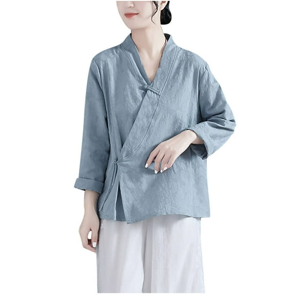 Dazajoo Women's Ramie Blouse Chinese Retro Long Sleeve Shirt Loose Tunic Tops Cotton Linen Solid Color Summer T-Shirt Hanfu Meditate for Women,Blue,XXL