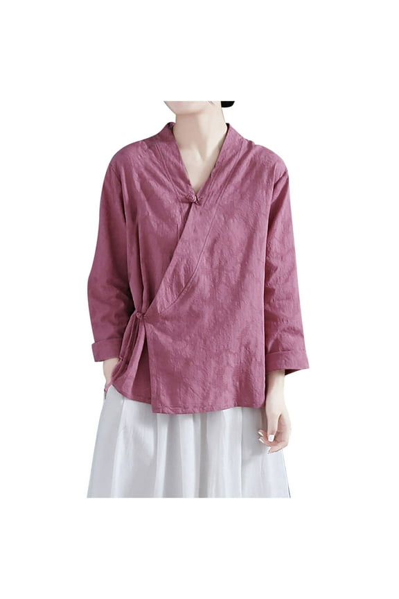 Women's Ramie Blouse Chinese Retro Long Sleeve Shirt Loose Tunic Tops Cotton Linen Solid Color Summer T-Shirt Hanfu Meditate for Women,Purple,M