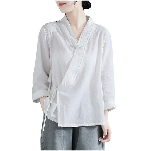 Dazajoo Women's Ramie Blouse Chinese Retro Long Sleeve Shirt Loose Tunic Tops Cotton Linen Solid Color Summer T-Shirt Hanfu Meditate for Women,White,L