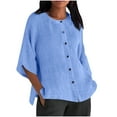 thumbnail image 1 of Dazajoo Women's Round Neck Solid Color Cotton and Linen Top Summer Short Sleeve Button Down Shirts Plus Size 3/4 Sleeve Sild Slit Trendy Tshirt for Women 2024,Blue,XXXL, 1 of 6