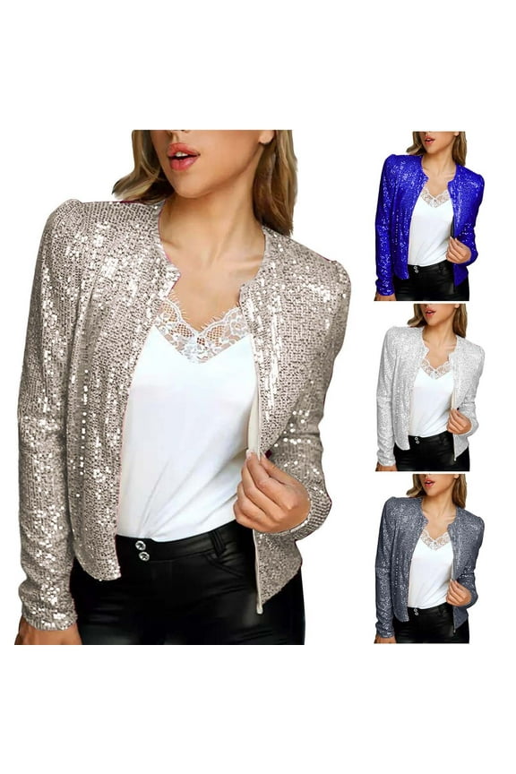 Women's Sequin Jacket Long Sleeve Bomber Jackets Blazer Open Front Lightweight Cardigan for Party Evening,Beige,S