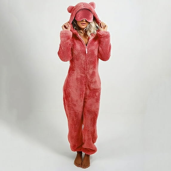 Dazajoo Women's Sherpa Fleece Hooded One Piece Pajamas with Built in Eye Mask Zipper Warm Plush Jumpsuit Sleepwear Red S