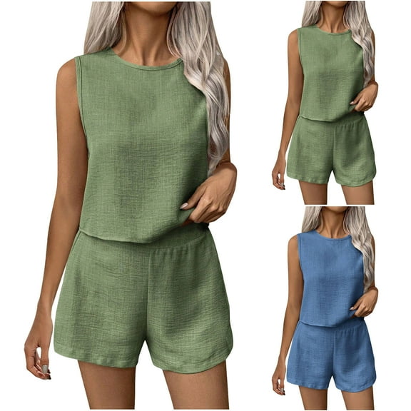 Dazajoo Women's Short Sets 2025 Summer 2 Piece Outfits Sleeveless Round Neck Tops and Shorts Sets Vacation Beach Casual Outfits,Blue,L