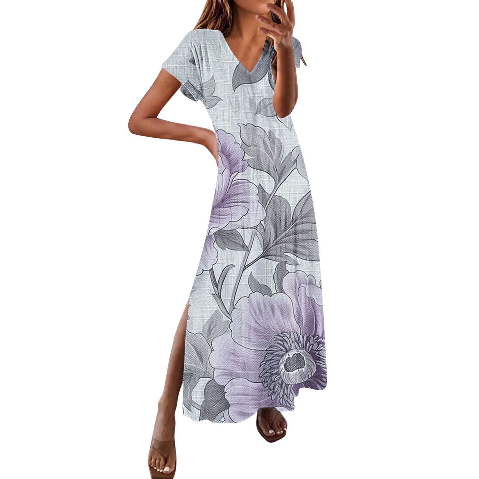 ORQUWEH Women’s Boho Maxi Dress – Summer V-Neck Long Dress With Split