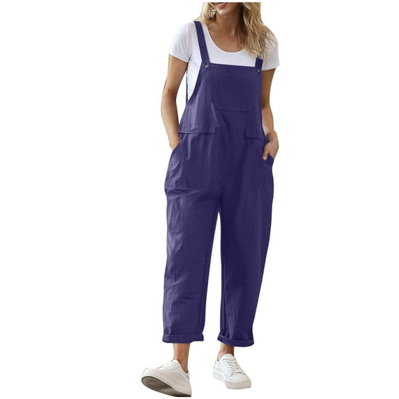 Dazajoo Women's Sleeveless Jumpsuit Lightweight Cotton Linen Bib Rompers with Pockets Baggy Straight Leg Beach Vacation Overalls,Purple,XL