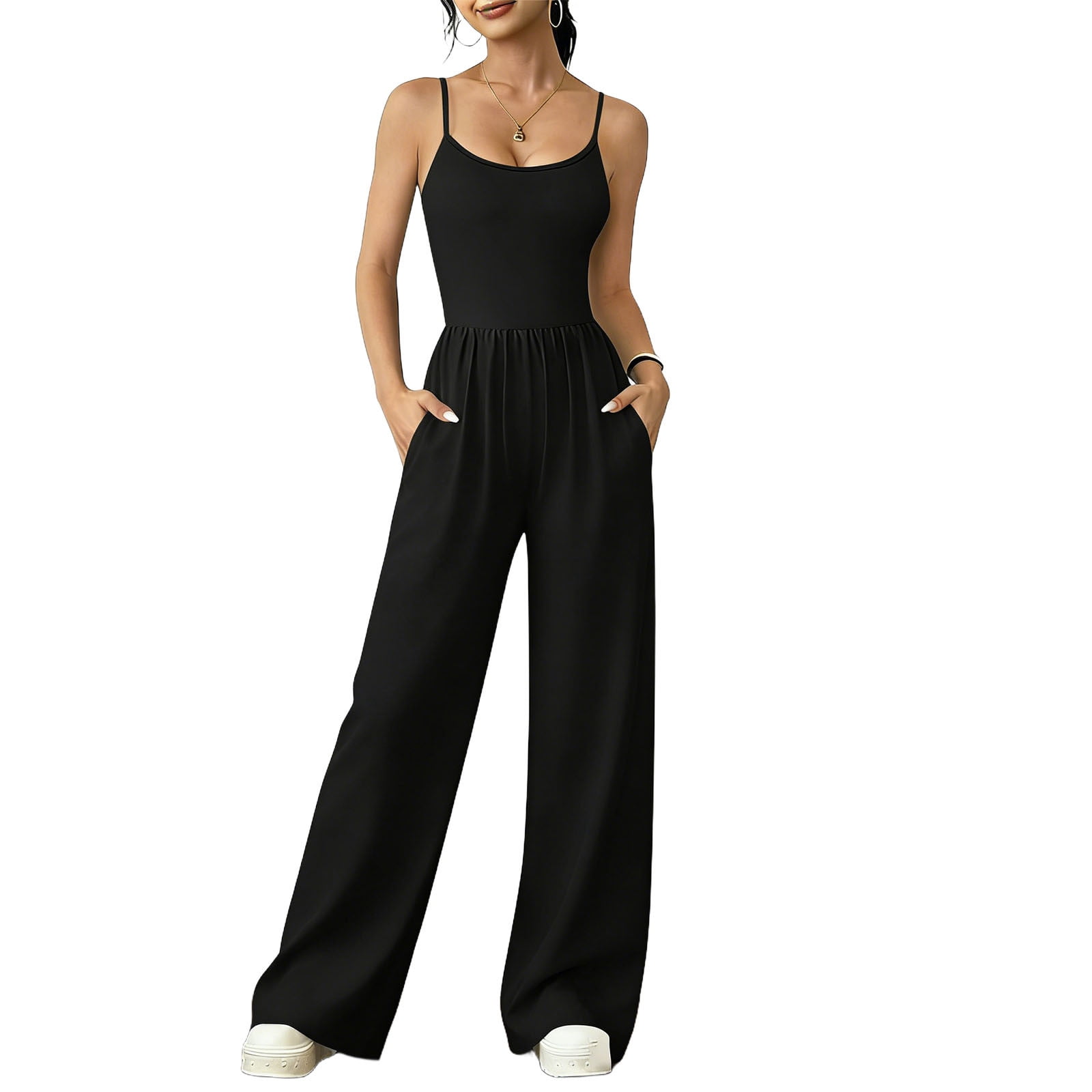 Dazajoo Women's Sleeveless Wide Leg Jumpsuits Spaghetti Strap Scoop Neck Rompers with Pockets Summer Casual Long Overalls,Black,S