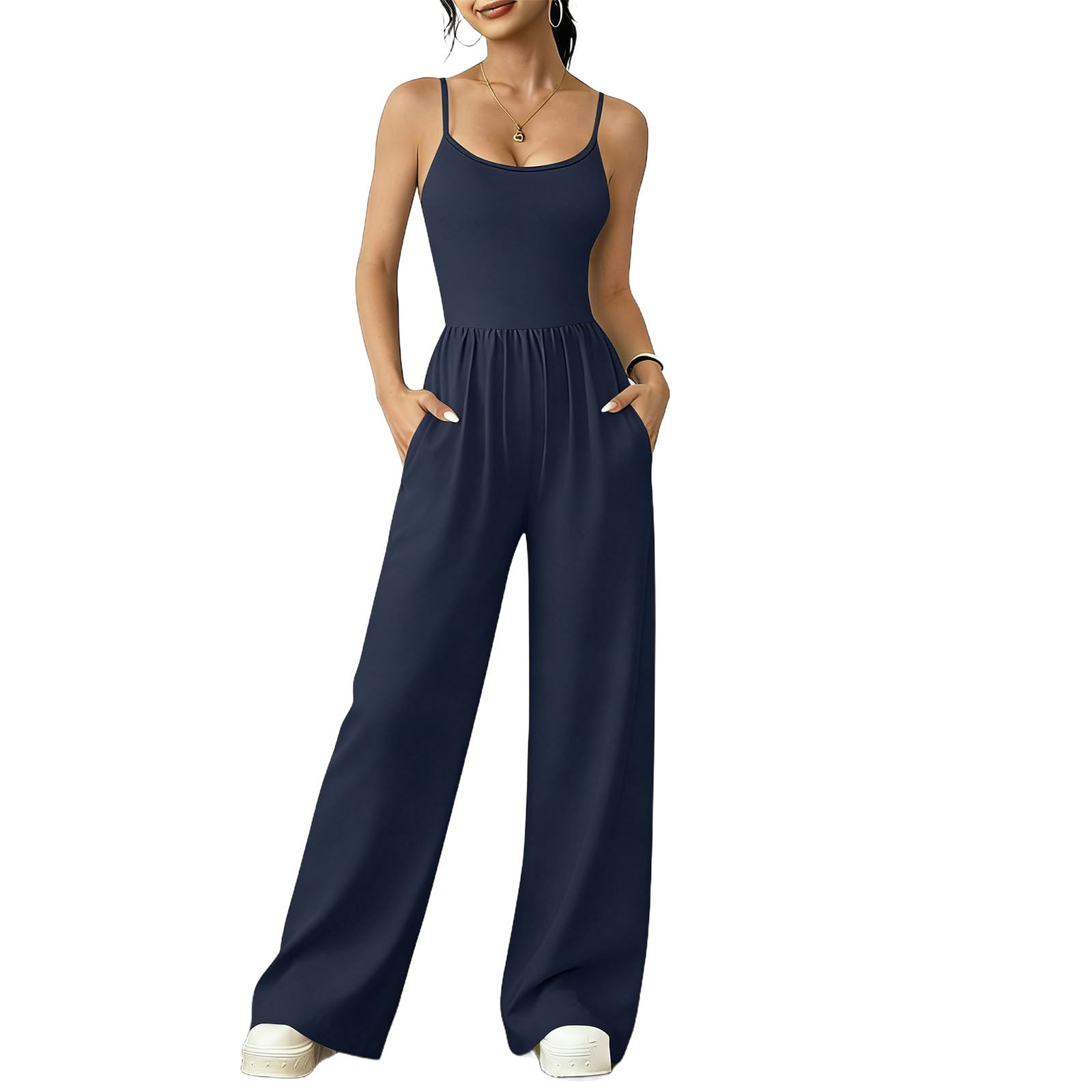 Dazajoo Women's Sleeveless Wide Leg Jumpsuits Spaghetti Strap Scoop Neck Rompers with Pockets Summer Casual Long Overalls,Blue,S