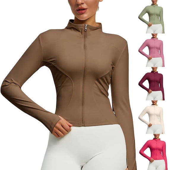 Dazajoo Women's Slim Fit Yoga Tops Lightweight Full Zip Up Stretchy Jackets Solid Color Casual Workout Running Coat with Thumb Holes,Coffee,M