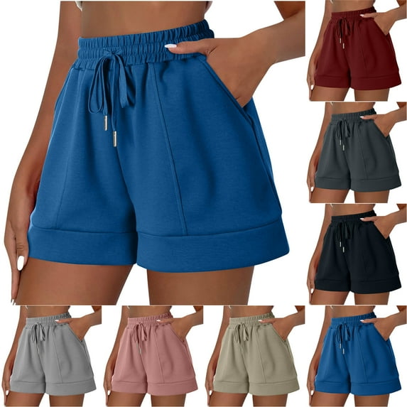 Dazajoo Women's Solid Color Casual Drawstring Sports Shorts With Pocket 2025 Summer Baggy Elastic Waist Wide Leg Shorts for Women,Dark Gray,M