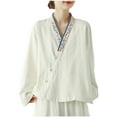 thumbnail image 1 of Dazajoo Women's Solid Color Cotton Linen Tee Shirts 2024 Summer Dressy Casual Vintage Floral Emboridery V Neck Tunics Tops Loose Fit Long Sleeve Button Blouses for Women,White,XL, 1 of 8