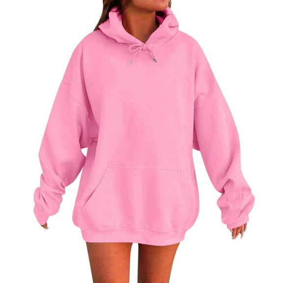 Dazajoo Women's Solid Color Hoodies Plus Size Long Sleeve Oversized Drawstring Sweatshirts with Pocket Fall Winter Lightweight Pullover Tops,Pink,S