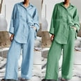thumbnail image 1 of Dazajoo Women's Solid Matching Set 2 Piece Summer Linen Set Button Down Long Sleeve Shirt Wide Leg Pants Suit with Pockets,Green,L, 1 of 7