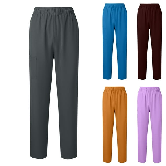 Dazajoo Women's Stretch Scrub Pants Elastic Waist Workwear Cargo Pants with Pockets Comfortable Lightweight Straight Leg Trousers,Purple,L