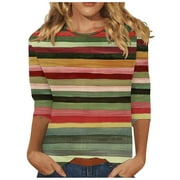Dazajoo Women's Striped 3/4 Sleeve Shirt 2024 Dressy Casual Round Neck Summer Tops for Women Colorful Printed Going Out Baggy Blouses,Red,M