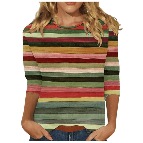 Dazajoo Women's Striped 3/4 Sleeve Shirt 2024 Dressy Casual Round Neck Summer Tops for Women Colorful Printed Going Out Baggy Blouses,Red,XXL