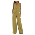 thumbnail image 1 of Dazajoo Women's Summer 2 Piece Outfits 2024 Cotton Linen Button Down Sleeveless Blazer Vest Wide Leg Pant Sets Basic Solid Color Business Suits for Women,Green,M, 1 of 6