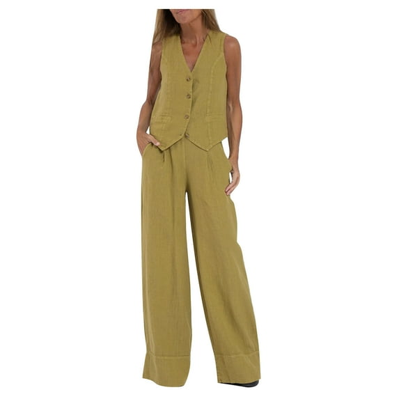 Dazajoo Women's Summer 2 Piece Outfits 2024 Cotton Linen Button Down Sleeveless Blazer Vest Wide Leg Pant Sets Basic Solid Color Business Suits for Women,Green,M
