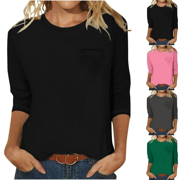 Dazajoo Women's Summer Casual 3/4 Sleeve Solid Color Loose Tunic Tops Blouses 2024 Dressy Trendy Round Neck Relax Fit Shirts for Women,Black,Small