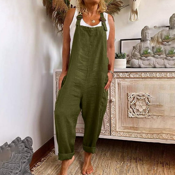 Dazajoo Women's Summer Cotton Linen Bib Overalls Sleeveless Adjustable Strap Baggy Jumpsuits Basic Solid Casual Wide Leg Long Pant Rompers with Pockets 2025 Green M