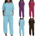 thumbnail image 1 of Dazajoo Women's Summer Linen Sets 2 Piece Half Sleeve Crew Neck Tops Matching Pants with Pockets Lightweight Solid Suits,Coffee,L, 1 of 5