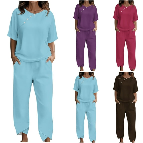 Dazajoo Women's Summer Linen Sets 2 Piece Half Sleeve Crew Neck Tops Matching Pants with Pockets Lightweight Solid Suits,Coffee,L