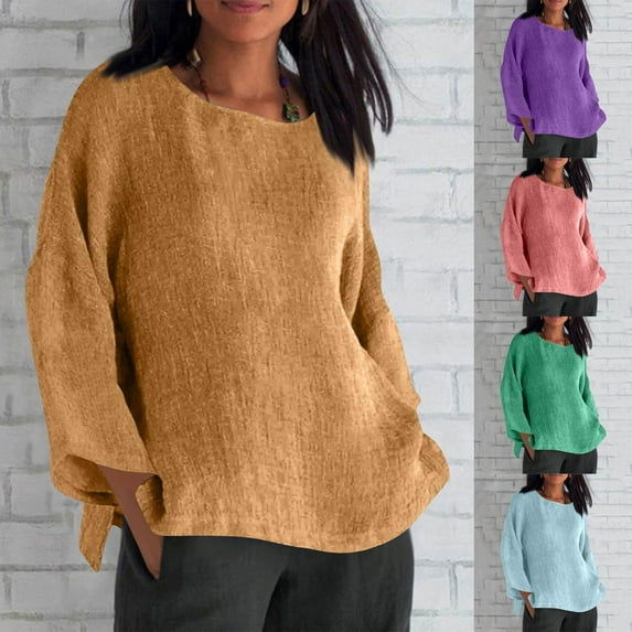 Dazajoo Women's Summer Linen Shirts Plus Size Long Sleeve Solid Gauze Tops Dressy Trendy Side Slit Round Neck Blouses,Purple,S