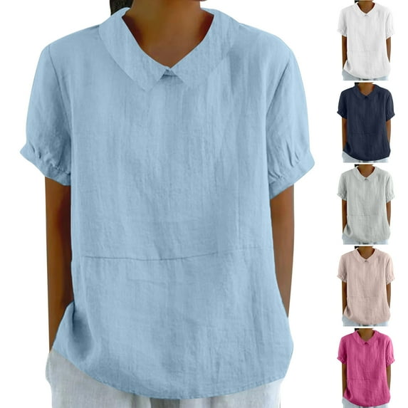Dazajoo Women's Summer Linen Tops Casual Short Sleeve Solid Color Basic Shirts Loose Fit Crewneck Lapel Collar Blouses,Hot Pink,S