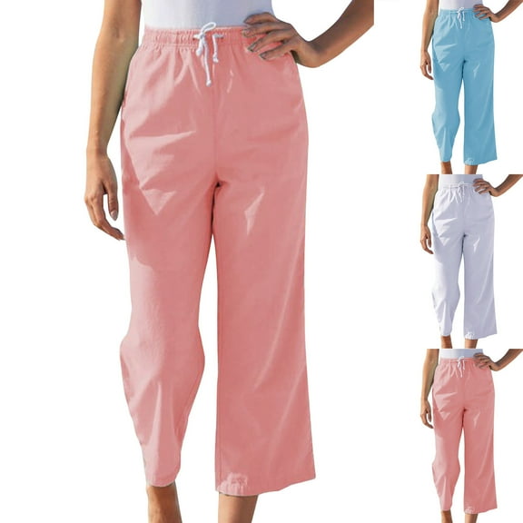 Dazajoo Drawstring Summer Pants for Women Solid Color Elastic Waist Pants with Pockets Summer Lightweight Athletic Trousers,White,XXL
