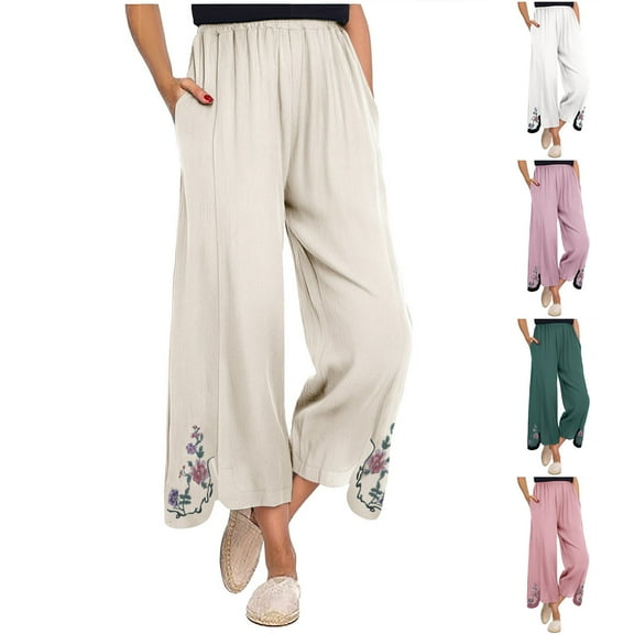 Dazajoo Linen Pants Women Summer Boho Floral Embroidered Pants Wide Leg Palazzo Crop Ankle Pants Comfy Lounge Trousers,White,S