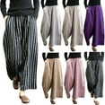 thumbnail image 1 of Dazajoo Wide Leg Striped Linen Pants for Women Summer Casual Elastic Waist Drawstring Pants with Pockets Beach Loungewear,Beige,XXL, 1 of 6