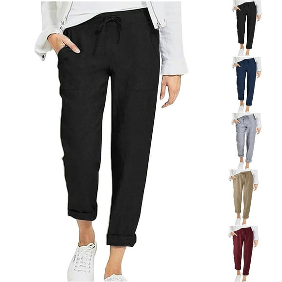 Dazajoo Women Cotton Linen Beach Pants Casual Wide Leg Elastic Waist Trousers with Pockets Summer Lightweight Loose Pants,Gray,M