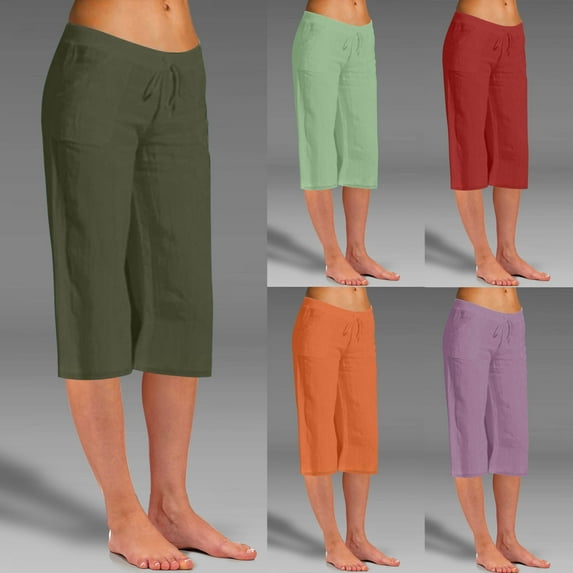 Dazajoo Womens Loose Fit Yoga Pants with Pockets Capri Linen Solid Color Drawstring Capris Summer Solid Color Casual Pants,Green,L