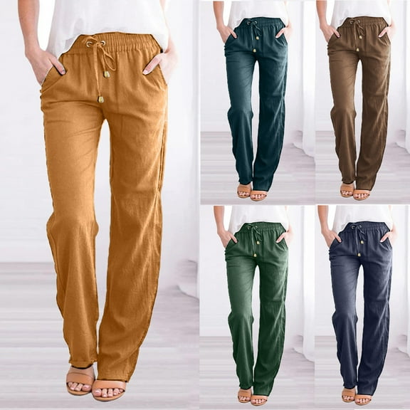 Dazajoo Women's Plus Size Linen Pants Summer Elastic Waist Straight Leg Lounge Pants with Pockets Casual Solid Loose Beach Trousers,Khaki,XXL