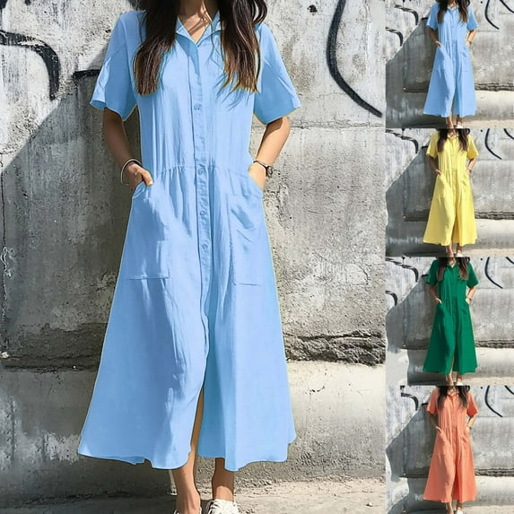 Dazajoo Women's Summer Short Sleeve Button Down Shirt Dress A-Line Flared Maxi Long Beach Casual Dress,Yellow,XXL