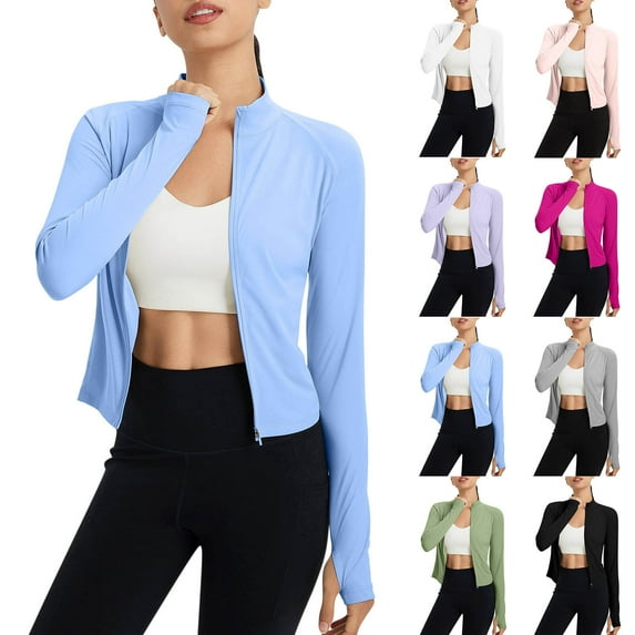 Dazajoo Women's Sun Protection Shirts Long Sleeve Full Zip Crop Jacket Lightweight Soft Comfy Athletic Jackets,Black,XXL