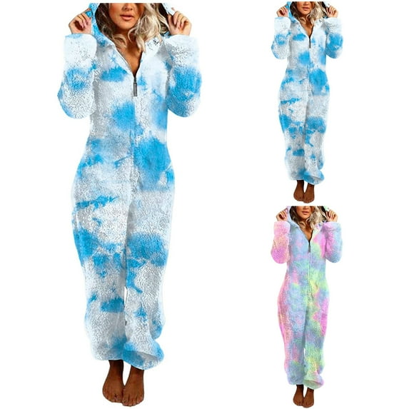 Dazajoo Women's Tie Dye Onesie Pajamas Long Sleeve Zipper Front One Piece Flannel Hooded Jumpsuits 2024 Winter Thicked Warm Sleepwear Overalls Loungewear,Blue,M