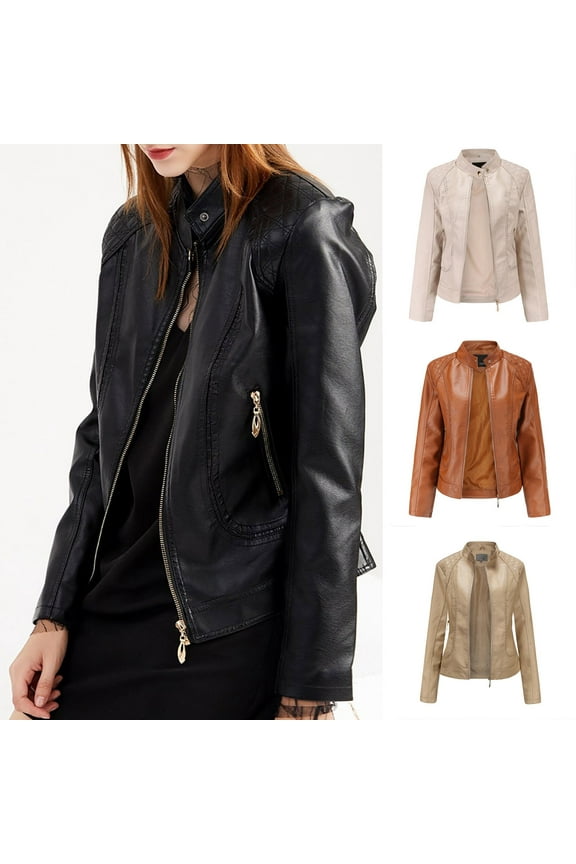 Women's Trendy Faux Leather Jacket Moto Short Jacket Fashion PU Jacket Coat,Beige,XL