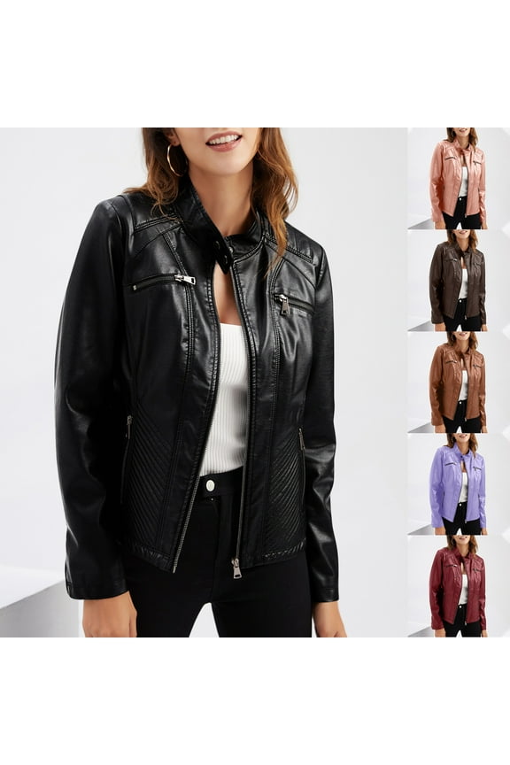 Women's Trendy Faux Leather Motorcycle Jacket Zip Up Stand Collar Slim PU Leather Moto Biker Outwear Coat,Black,XXL