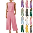 thumbnail image 1 of Dazajoo Women's Two Piece Linen Set Summer Crop Sleeveless Tank Tops and Wide Leg Pants with Pockets Casual Solid Color Lightweight Loungewear,Light Blue,S, 1 of 9