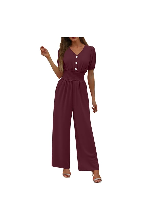 Women's V Neck Button Front Jumpsuit Casual Smocked Waist Wide Leg Rompers with Pockets Baggy One Piece Short Sleeve Overalls,Wine,XXL