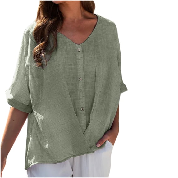 Dazajoo Women's V-Neck Long Sleeve T-Shirts Loose Button Cotton Linen Tunic Shirts Summer Solid Color Cross Over Hem Blouse for Women 2024,Green,XXXXL