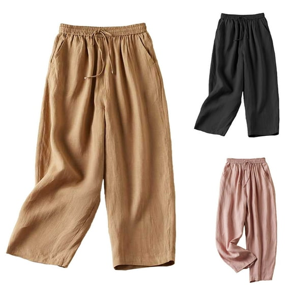 Dazajoo Women's Wide Leg Pants Casual Linen High Waisted Cropped Trousers with Pockets 2025 Summer Solid Color Drawstring Loose Cotton Pants for Women,Khaki,L