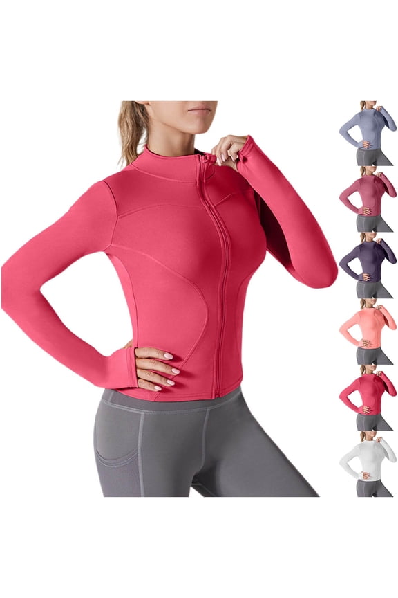 Women's Workout Jacket Lightweight Zip Up Long Sleeve Sun Protection Jackets Athletic Yoga Slim Fit Crop Tops Limited Time Deal,Pink,XXL