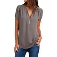 thumbnail image 1 of Dazajoo Women's Zip Up V Neck Short Sleeve Casual Tunic Shirt Summer Solid Color Chiffon Blouses for Women 2024,Gray,XXXL, 1 of 6
