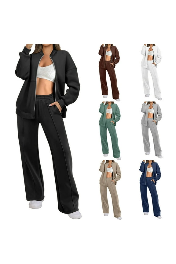 Womens 2 Piece Casual Workout Outfits Fall Long Sleeve Zip Up Jacket and Baggy Wide Leg Yoga Pants Travel Track Suits Lounge Sets,Black,L