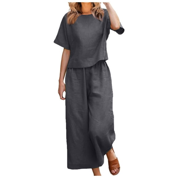 Dazajoo Womens 2 Piece Cotton Linen Sets Short Sleeve Round Neck Solid Color Blouse Tops Wide Leg Pants Lounge Beach Sets for Women 2024 Summer Baggy Outfits,Dark Gray,XS