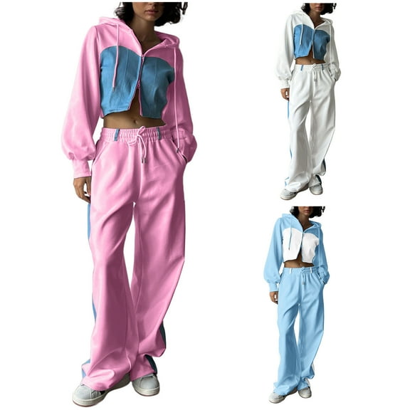 Dazajoo Womens 2 Piece Fall Outfits Fashion Denim Patchwork Zip Up Crop Hoodie and Wide Leg Jogger Pant Tracksuit Sets Streetwear,Blue,L