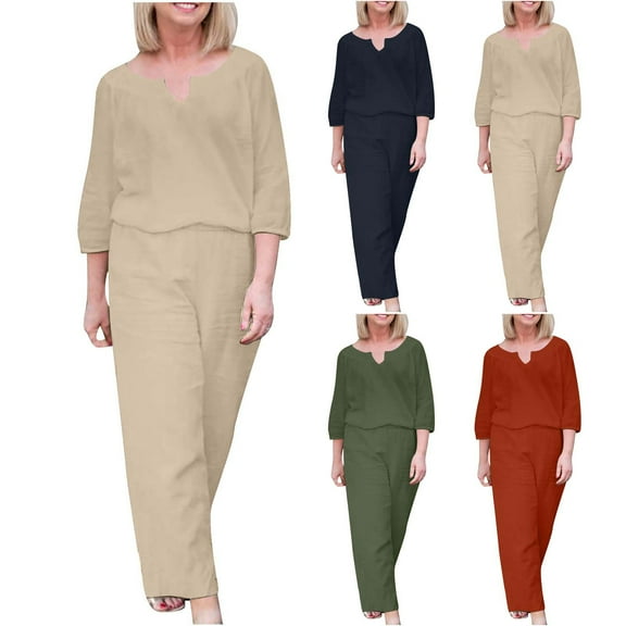 Dazajoo Womens 2 Piece Lounge Set Summer Cotton Linen 3/4 Sleeve Tops and Wide Leg Long Pants Sets Comfy Loose Lounge Suits,Army Green,XXL